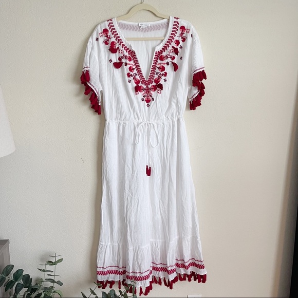 Club Monaco White Red Embroidered Tassel Dress MIDI - Picture 2 of 8